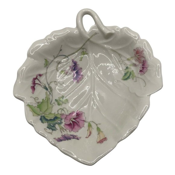TOYO Porcelain Serving Dish Morning Glory leaf shaped pink purple flowers Japan - Picture 1 of 5